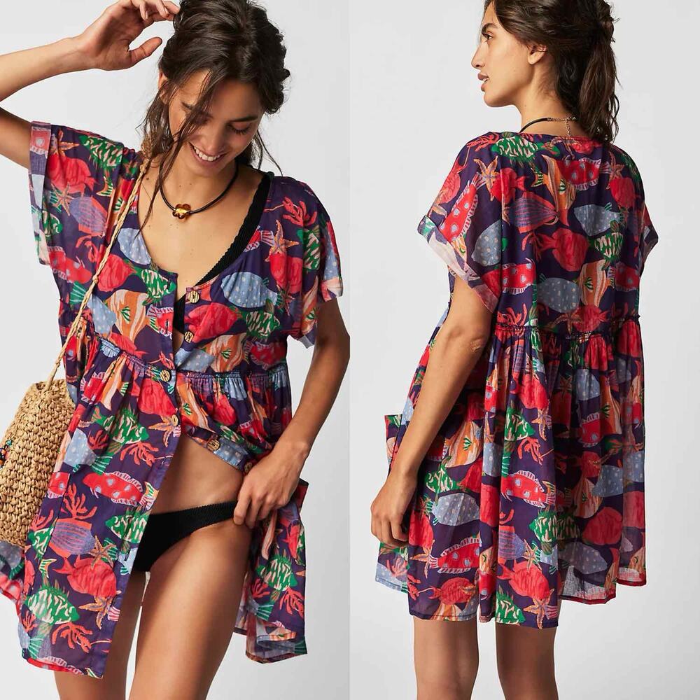 Free People Purple V-Neck Flutter Sleeve Mini Dress